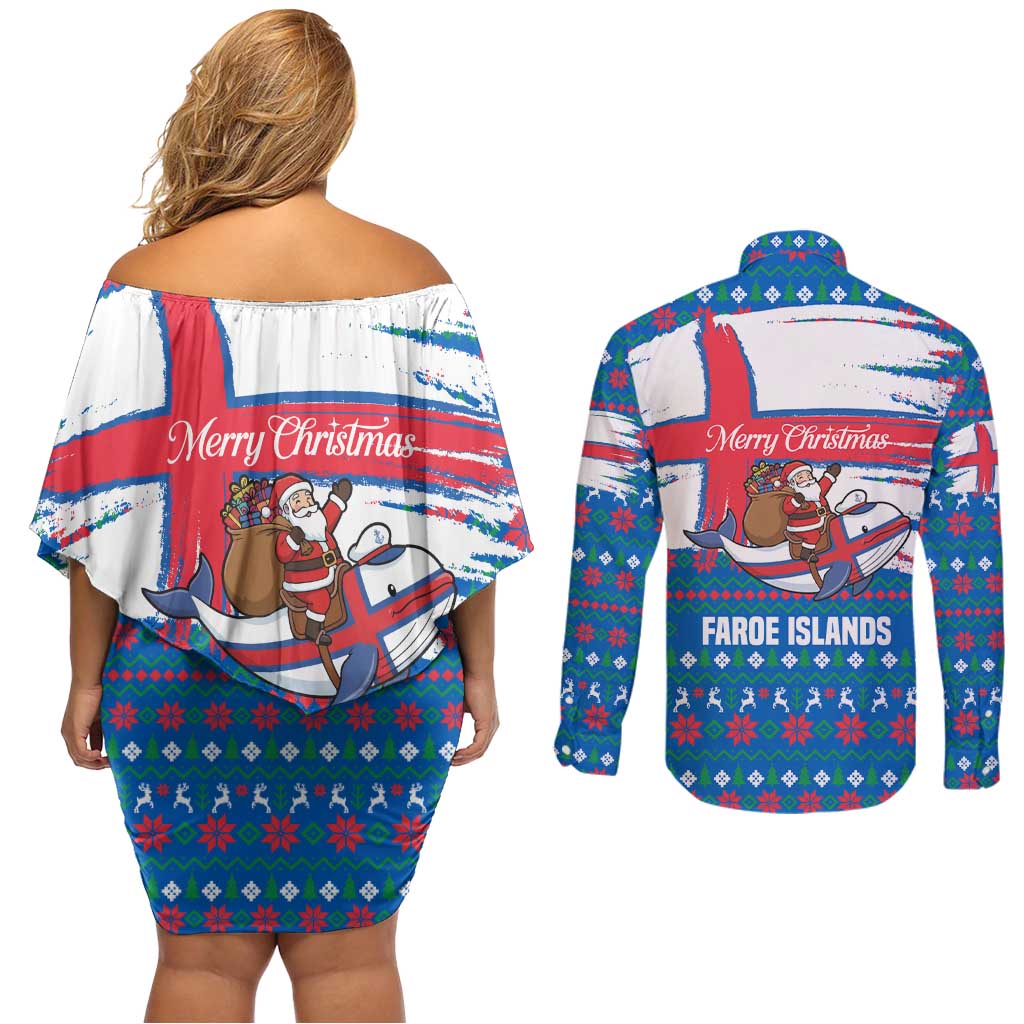 Faroe Islands Christmas Couples Matching Off Shoulder Short Dress and Long Sleeve Button Shirt with Santa Riding Whale Faroe Flag and Blue Nordic Winter Pattern Design - Wonder Print Shop