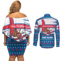 Faroe Islands Christmas Couples Matching Off Shoulder Short Dress and Long Sleeve Button Shirt with Santa Riding Whale Faroe Flag and Blue Nordic Winter Pattern Design - Wonder Print Shop