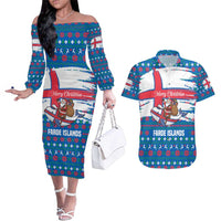 Faroe Islands Christmas Couples Matching Off The Shoulder Long Sleeve Dress and Hawaiian Shirt with Santa Riding Whale Faroe Flag and Blue Nordic Winter Pattern Design - Wonder Print Shop