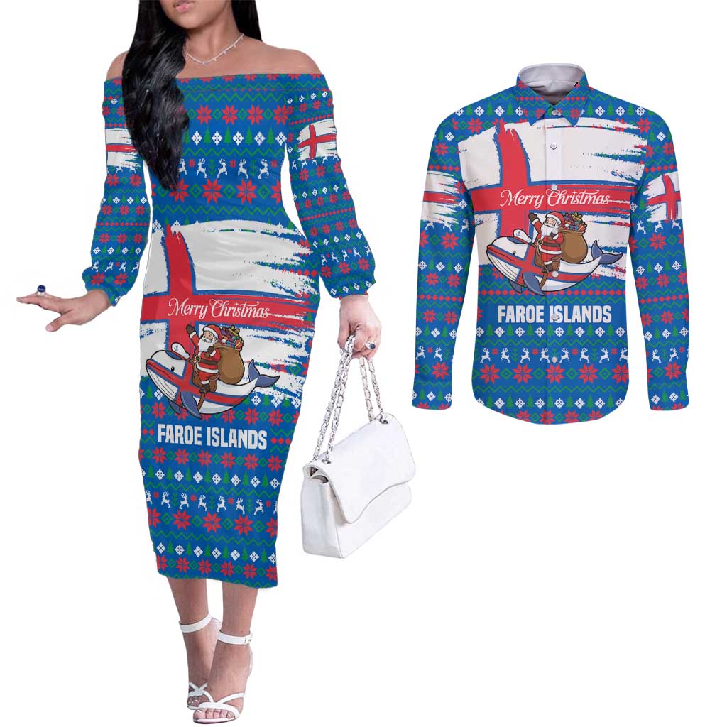 Faroe Islands Christmas Couples Matching Off The Shoulder Long Sleeve Dress and Long Sleeve Button Shirt with Santa Riding Whale Faroe Flag and Blue Nordic Winter Pattern Design - Wonder Print Shop