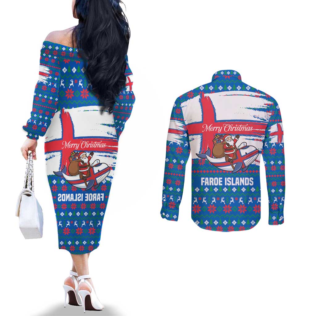 Faroe Islands Christmas Couples Matching Off The Shoulder Long Sleeve Dress and Long Sleeve Button Shirt with Santa Riding Whale Faroe Flag and Blue Nordic Winter Pattern Design - Wonder Print Shop