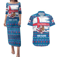 Faroe Islands Christmas Couples Matching Puletasi and Hawaiian Shirt with Santa Riding Whale Faroe Flag and Blue Nordic Winter Pattern Design - Wonder Print Shop