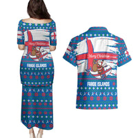 Faroe Islands Christmas Couples Matching Puletasi and Hawaiian Shirt with Santa Riding Whale Faroe Flag and Blue Nordic Winter Pattern Design - Wonder Print Shop