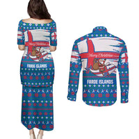 Faroe Islands Christmas Couples Matching Puletasi and Long Sleeve Button Shirt with Santa Riding Whale Faroe Flag and Blue Nordic Winter Pattern Design - Wonder Print Shop