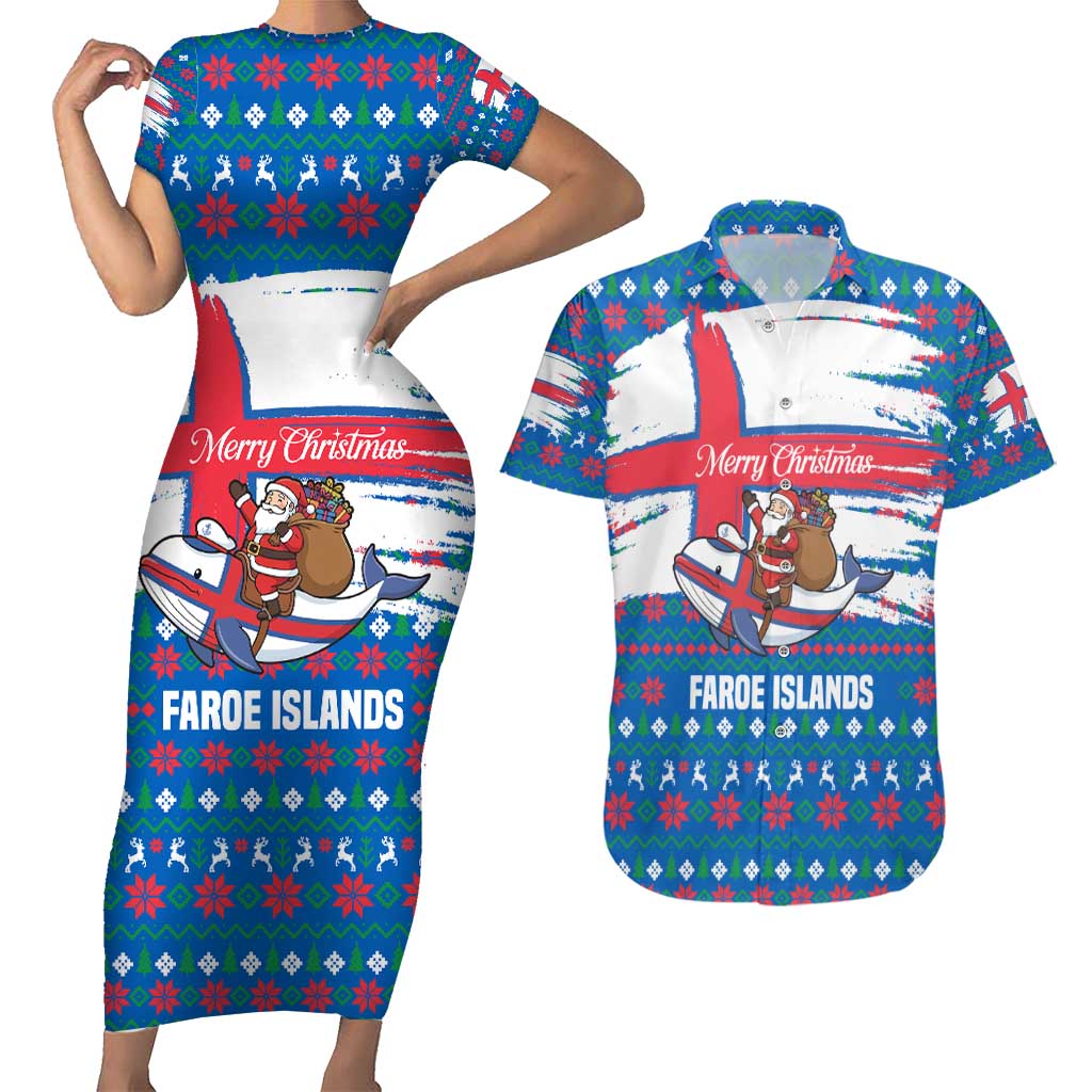 Faroe Islands Christmas Couples Matching Short Sleeve Bodycon Dress and Hawaiian Shirt with Santa Riding Whale Faroe Flag and Blue Nordic Winter Pattern Design - Wonder Print Shop
