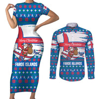 Faroe Islands Christmas Couples Matching Short Sleeve Bodycon Dress and Long Sleeve Button Shirt with Santa Riding Whale Faroe Flag and Blue Nordic Winter Pattern Design - Wonder Print Shop