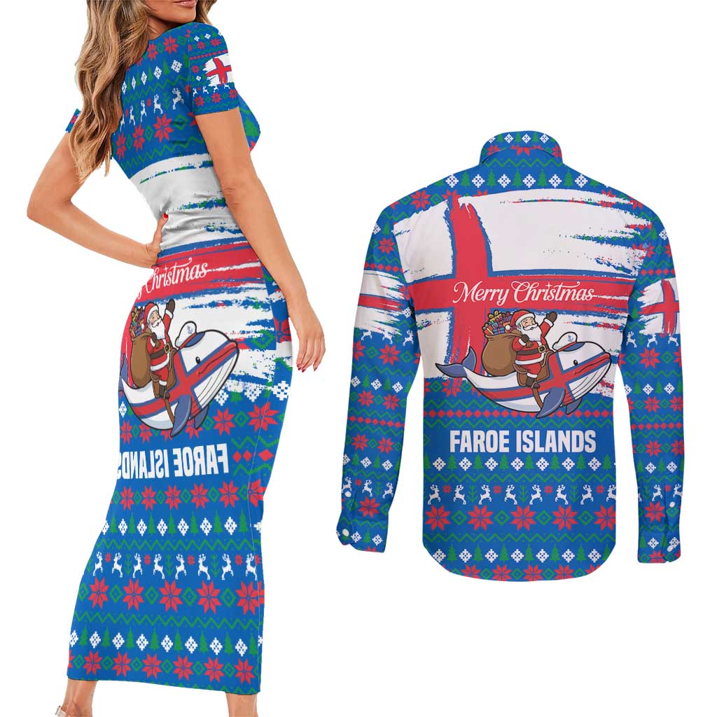 Faroe Islands Christmas Couples Matching Short Sleeve Bodycon Dress and Long Sleeve Button Shirt with Santa Riding Whale Faroe Flag and Blue Nordic Winter Pattern Design - Wonder Print Shop