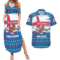 Faroe Islands Christmas Couples Matching Summer Maxi Dress and Hawaiian Shirt with Santa Riding Whale Faroe Flag and Blue Nordic Winter Pattern Design - Wonder Print Shop