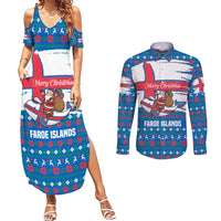 Faroe Islands Christmas Couples Matching Summer Maxi Dress and Long Sleeve Button Shirt with Santa Riding Whale Faroe Flag and Blue Nordic Winter Pattern Design - Wonder Print Shop