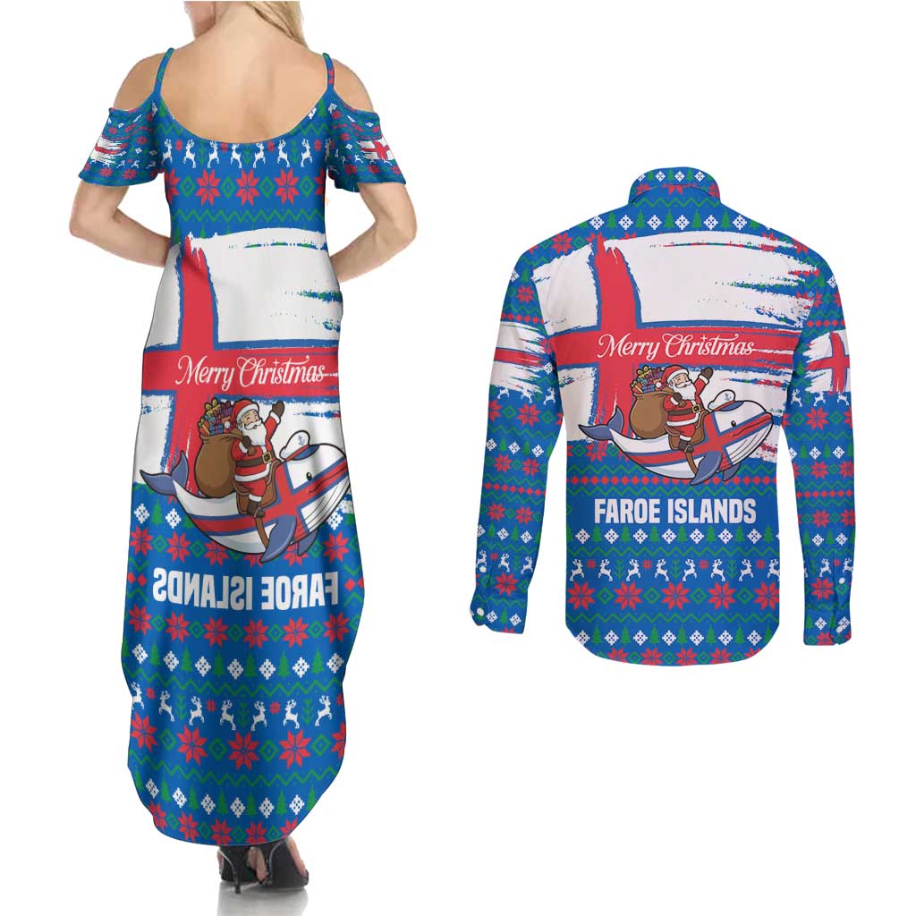 Faroe Islands Christmas Couples Matching Summer Maxi Dress and Long Sleeve Button Shirt with Santa Riding Whale Faroe Flag and Blue Nordic Winter Pattern Design - Wonder Print Shop