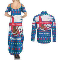 Faroe Islands Christmas Couples Matching Summer Maxi Dress and Long Sleeve Button Shirt with Santa Riding Whale Faroe Flag and Blue Nordic Winter Pattern Design - Wonder Print Shop
