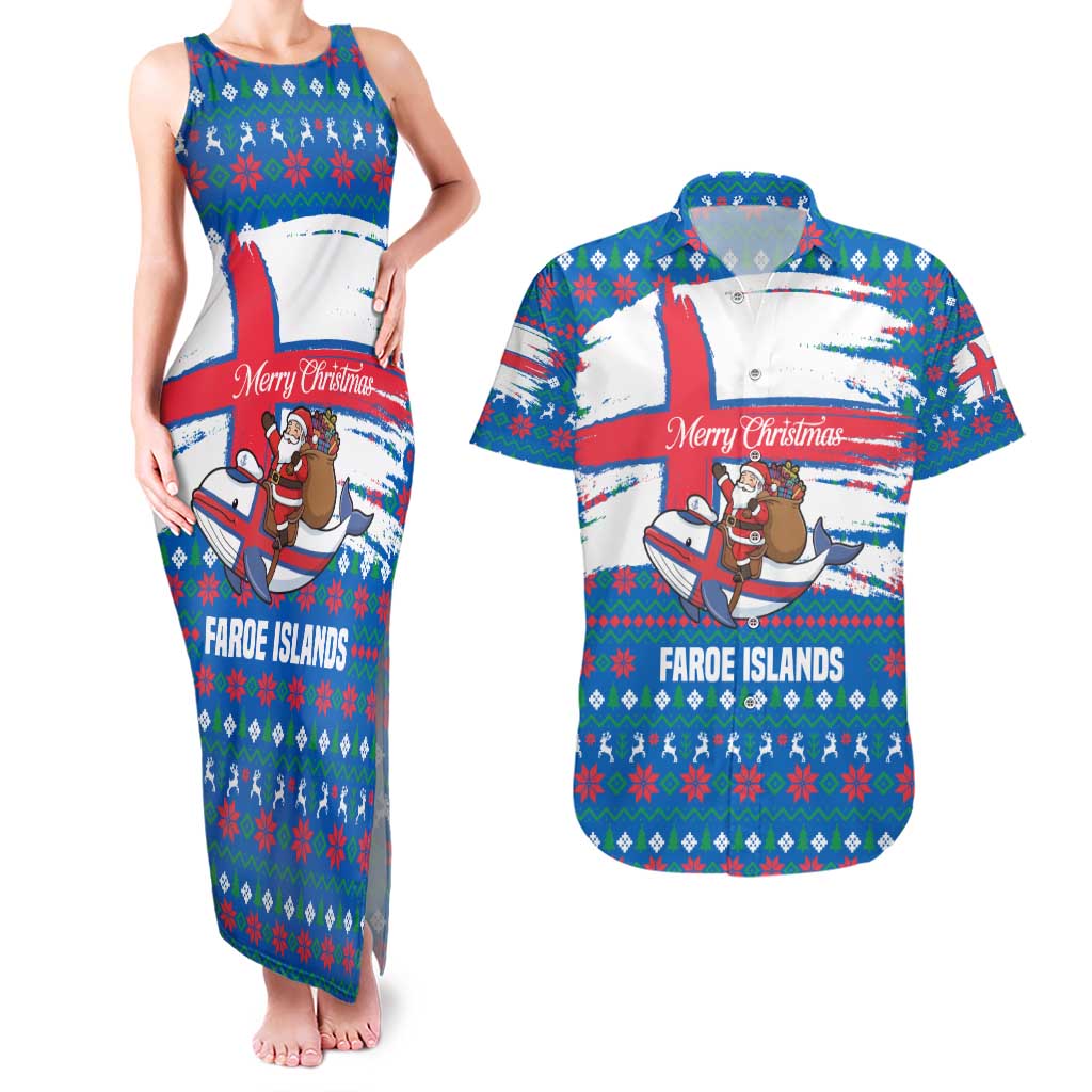 Faroe Islands Christmas Couples Matching Tank Maxi Dress and Hawaiian Shirt with Santa Riding Whale Faroe Flag and Blue Nordic Winter Pattern Design - Wonder Print Shop