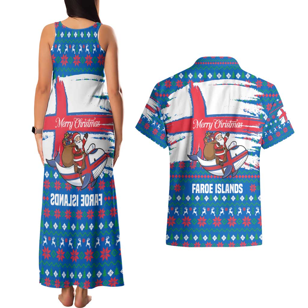 Faroe Islands Christmas Couples Matching Tank Maxi Dress and Hawaiian Shirt with Santa Riding Whale Faroe Flag and Blue Nordic Winter Pattern Design - Wonder Print Shop