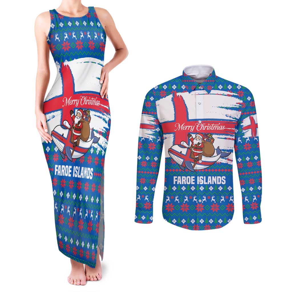 Faroe Islands Christmas Couples Matching Tank Maxi Dress and Long Sleeve Button Shirt with Santa Riding Whale Faroe Flag and Blue Nordic Winter Pattern Design - Wonder Print Shop