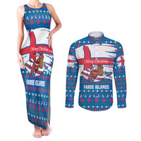 Faroe Islands Christmas Couples Matching Tank Maxi Dress and Long Sleeve Button Shirt with Santa Riding Whale Faroe Flag and Blue Nordic Winter Pattern Design - Wonder Print Shop
