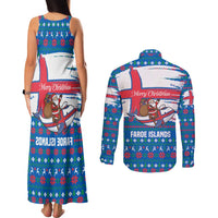 Faroe Islands Christmas Couples Matching Tank Maxi Dress and Long Sleeve Button Shirt with Santa Riding Whale Faroe Flag and Blue Nordic Winter Pattern Design - Wonder Print Shop