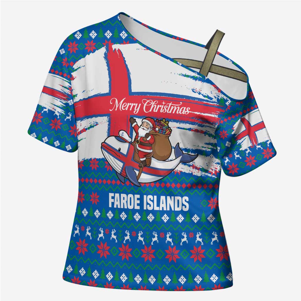 Faroe Islands Christmas Cross Shoulder Shirt with Santa Riding Whale Faroe Flag and Blue Nordic Winter Pattern Design - Wonder Print Shop