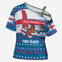 Faroe Islands Christmas Cross Shoulder Shirt with Santa Riding Whale Faroe Flag and Blue Nordic Winter Pattern Design - Wonder Print Shop