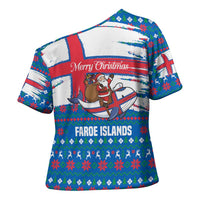 Faroe Islands Christmas Cross Shoulder Shirt with Santa Riding Whale Faroe Flag and Blue Nordic Winter Pattern Design - Wonder Print Shop