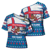 Faroe Islands Christmas Cross Shoulder Shirt with Santa Riding Whale Faroe Flag and Blue Nordic Winter Pattern Design - Wonder Print Shop