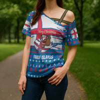 Faroe Islands Christmas Cross Shoulder Shirt with Santa Riding Whale Faroe Flag and Blue Nordic Winter Pattern Design - Wonder Print Shop