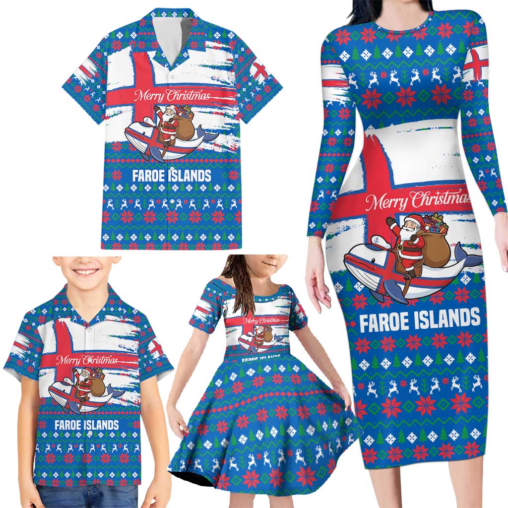 Faroe Islands Christmas Family Matching Long Sleeve Bodycon Dress and Hawaiian Shirt with Santa Riding Whale Faroe Flag and Blue Nordic Winter Pattern Design - Wonder Print Shop