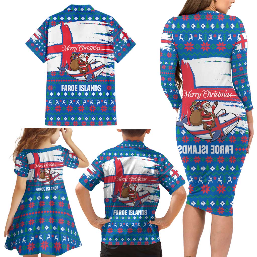 Faroe Islands Christmas Family Matching Long Sleeve Bodycon Dress and Hawaiian Shirt with Santa Riding Whale Faroe Flag and Blue Nordic Winter Pattern Design - Wonder Print Shop