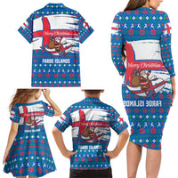 Faroe Islands Christmas Family Matching Long Sleeve Bodycon Dress and Hawaiian Shirt with Santa Riding Whale Faroe Flag and Blue Nordic Winter Pattern Design - Wonder Print Shop