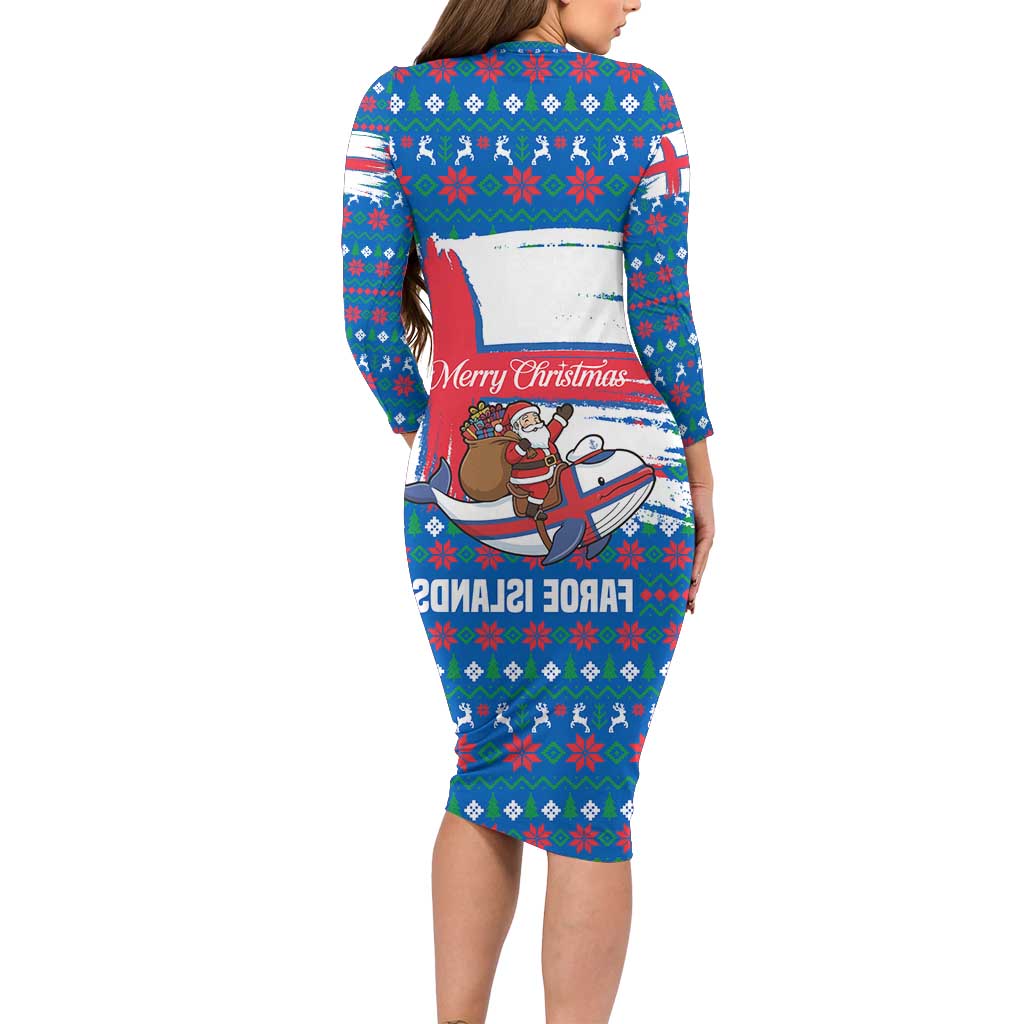 Faroe Islands Christmas Family Matching Long Sleeve Bodycon Dress and Hawaiian Shirt with Santa Riding Whale Faroe Flag and Blue Nordic Winter Pattern Design - Wonder Print Shop