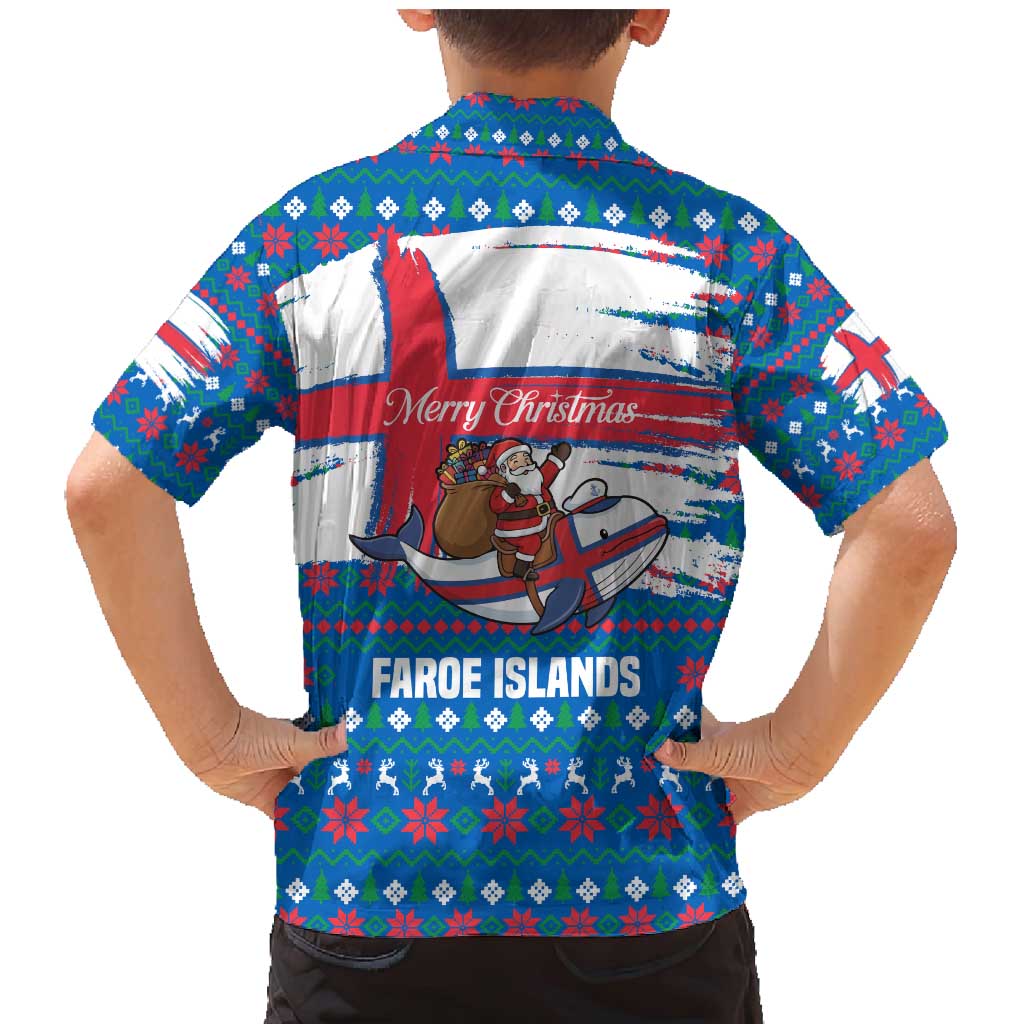 Faroe Islands Christmas Family Matching Mermaid Dress and Hawaiian Shirt with Santa Riding Whale Faroe Flag and Blue Nordic Winter Pattern Design - Wonder Print Shop