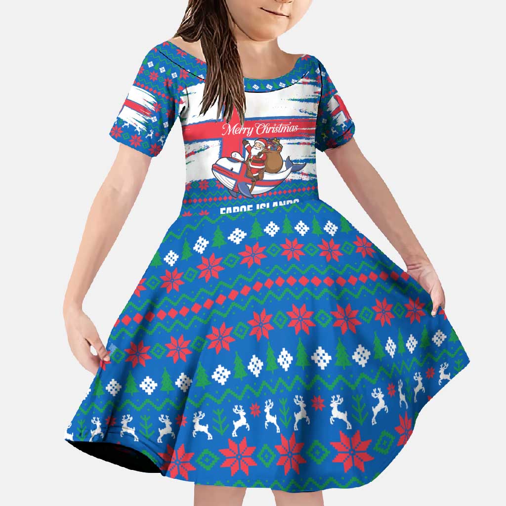 Faroe Islands Christmas Family Matching Mermaid Dress and Hawaiian Shirt with Santa Riding Whale Faroe Flag and Blue Nordic Winter Pattern Design - Wonder Print Shop