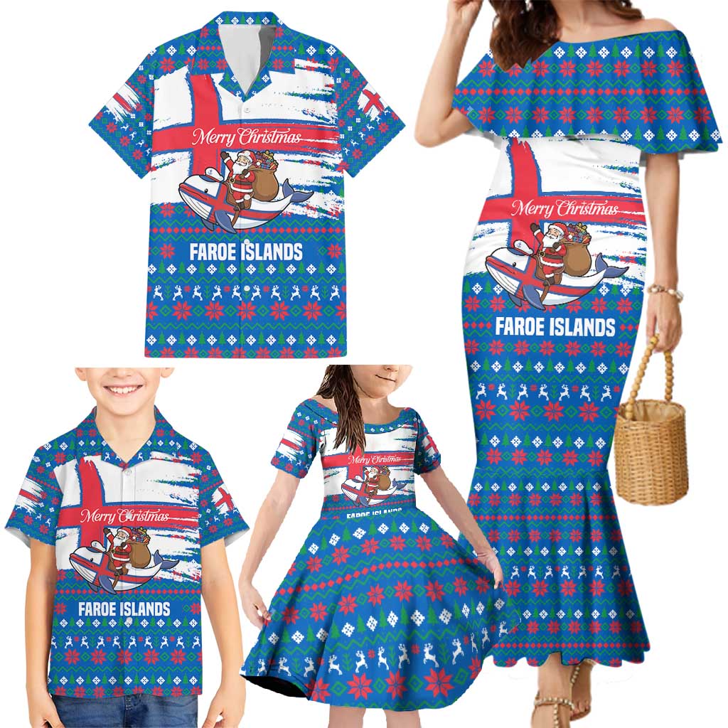 Faroe Islands Christmas Family Matching Mermaid Dress and Hawaiian Shirt with Santa Riding Whale Faroe Flag and Blue Nordic Winter Pattern Design - Wonder Print Shop