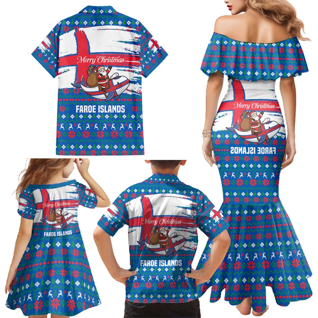 Faroe Islands Christmas Family Matching Mermaid Dress and Hawaiian Shirt with Santa Riding Whale Faroe Flag and Blue Nordic Winter Pattern Design - Wonder Print Shop