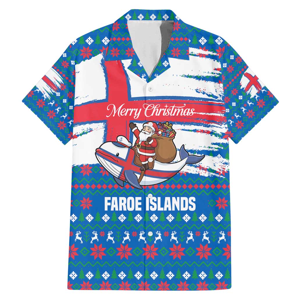 Faroe Islands Christmas Family Matching Mermaid Dress and Hawaiian Shirt with Santa Riding Whale Faroe Flag and Blue Nordic Winter Pattern Design - Wonder Print Shop