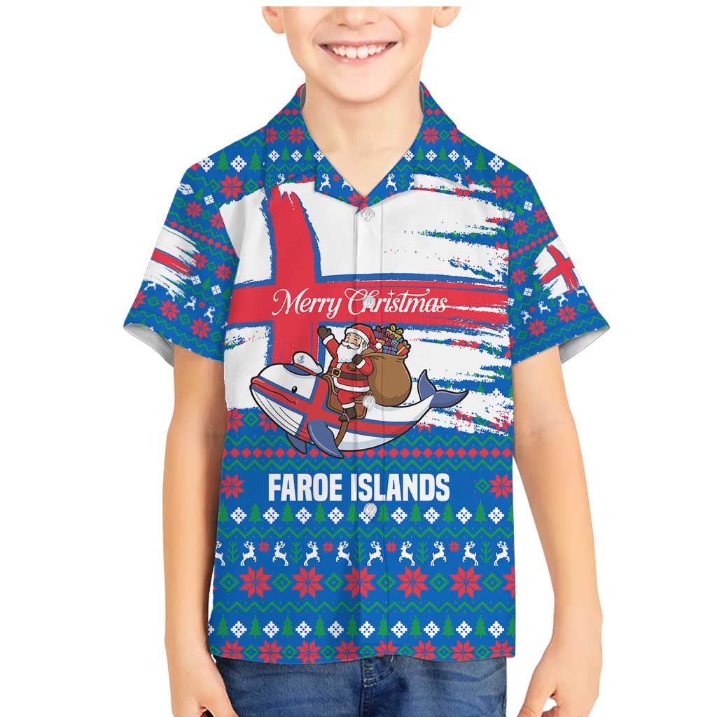 Faroe Islands Christmas Family Matching Mermaid Dress and Hawaiian Shirt with Santa Riding Whale Faroe Flag and Blue Nordic Winter Pattern Design - Wonder Print Shop
