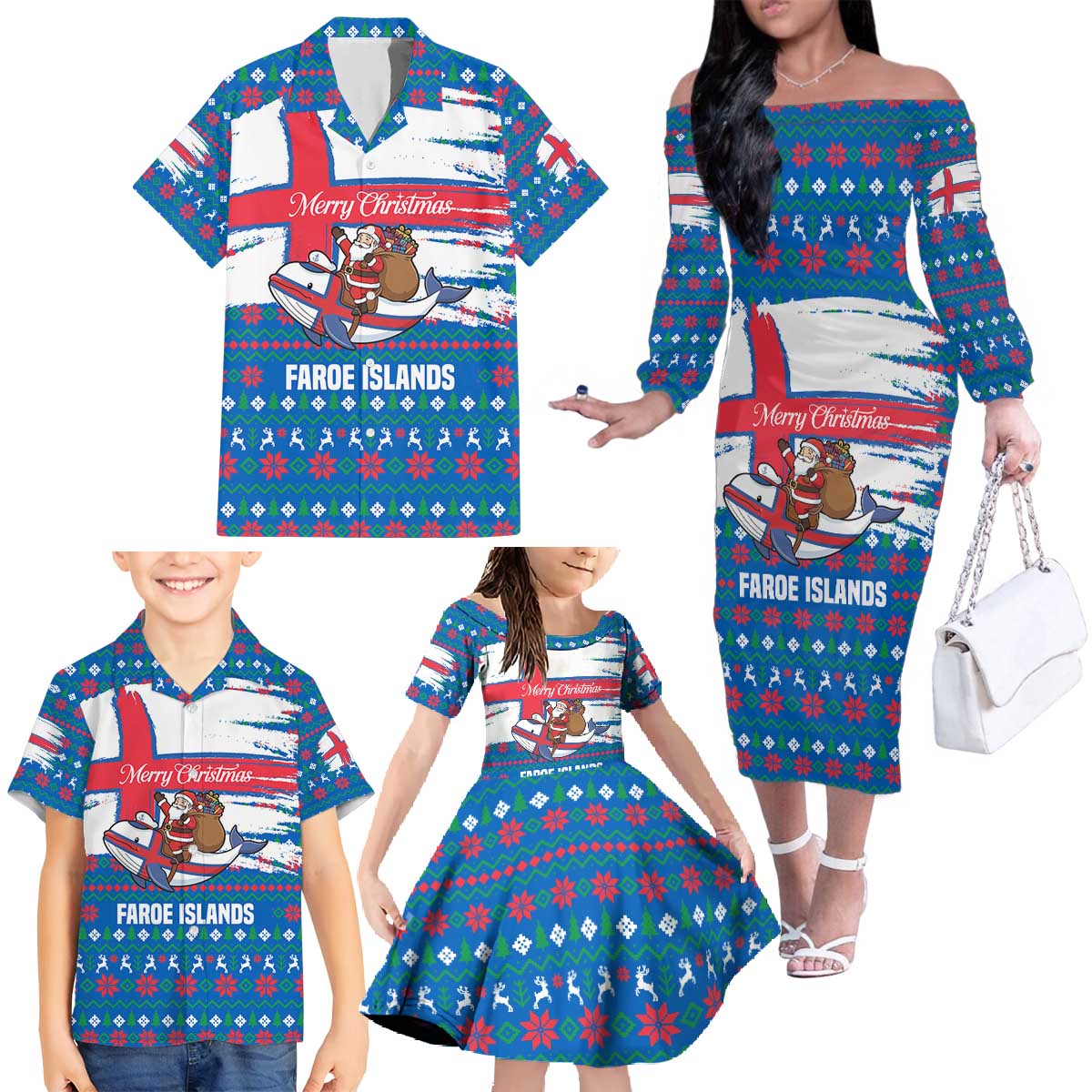 Faroe Islands Christmas Family Matching Off The Shoulder Long Sleeve Dress and Hawaiian Shirt with Santa Riding Whale Faroe Flag and Blue Nordic Winter Pattern Design - Wonder Print Shop