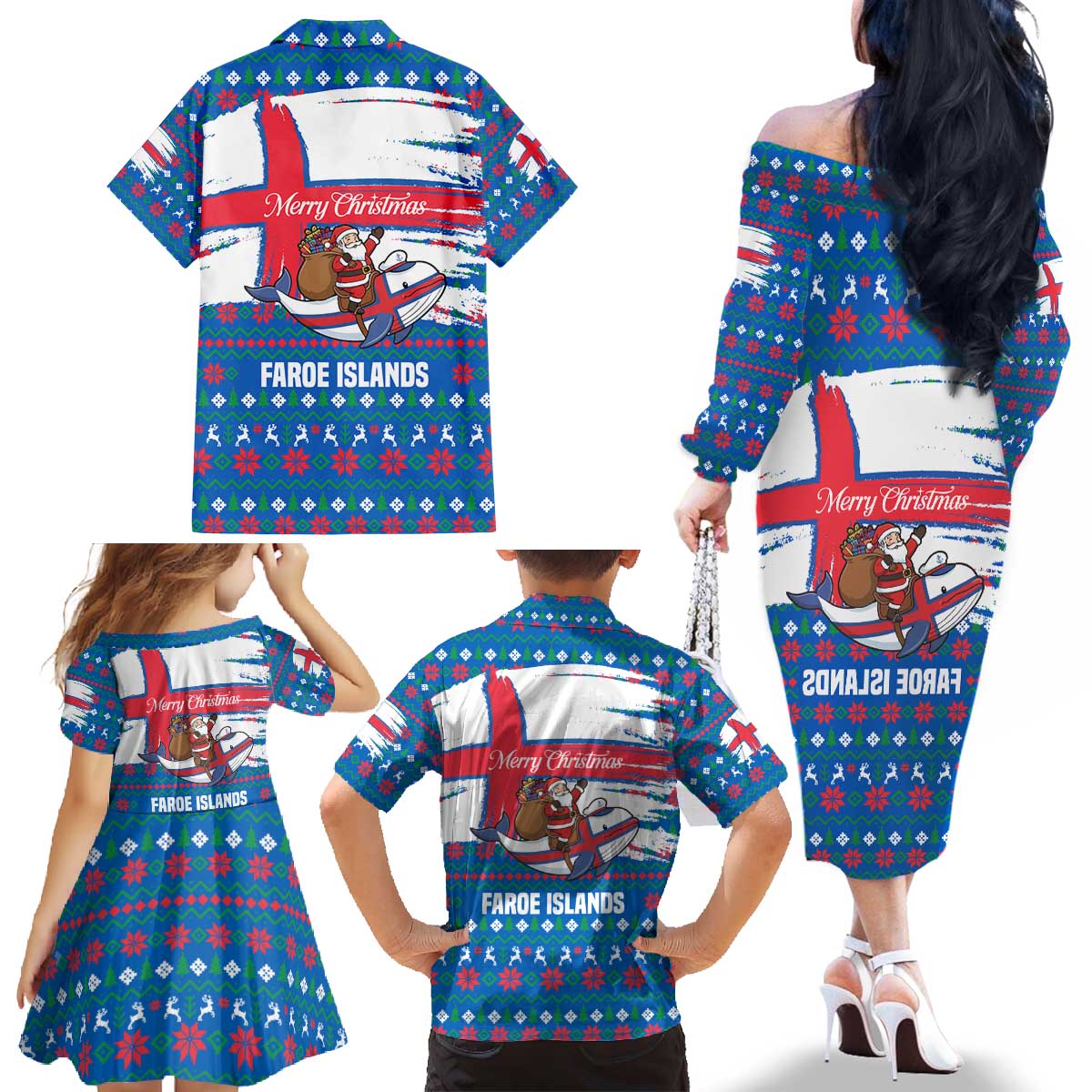 Faroe Islands Christmas Family Matching Off The Shoulder Long Sleeve Dress and Hawaiian Shirt with Santa Riding Whale Faroe Flag and Blue Nordic Winter Pattern Design - Wonder Print Shop