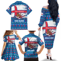 Faroe Islands Christmas Family Matching Off The Shoulder Long Sleeve Dress and Hawaiian Shirt with Santa Riding Whale Faroe Flag and Blue Nordic Winter Pattern Design - Wonder Print Shop