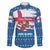 Faroe Islands Christmas Family Matching Off The Shoulder Long Sleeve Dress and Hawaiian Shirt with Santa Riding Whale Faroe Flag and Blue Nordic Winter Pattern Design - Wonder Print Shop