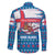 Faroe Islands Christmas Family Matching Off The Shoulder Long Sleeve Dress and Hawaiian Shirt with Santa Riding Whale Faroe Flag and Blue Nordic Winter Pattern Design - Wonder Print Shop