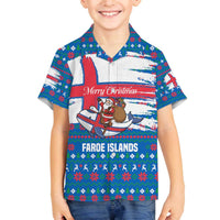Faroe Islands Christmas Family Matching Off The Shoulder Long Sleeve Dress and Hawaiian Shirt with Santa Riding Whale Faroe Flag and Blue Nordic Winter Pattern Design - Wonder Print Shop