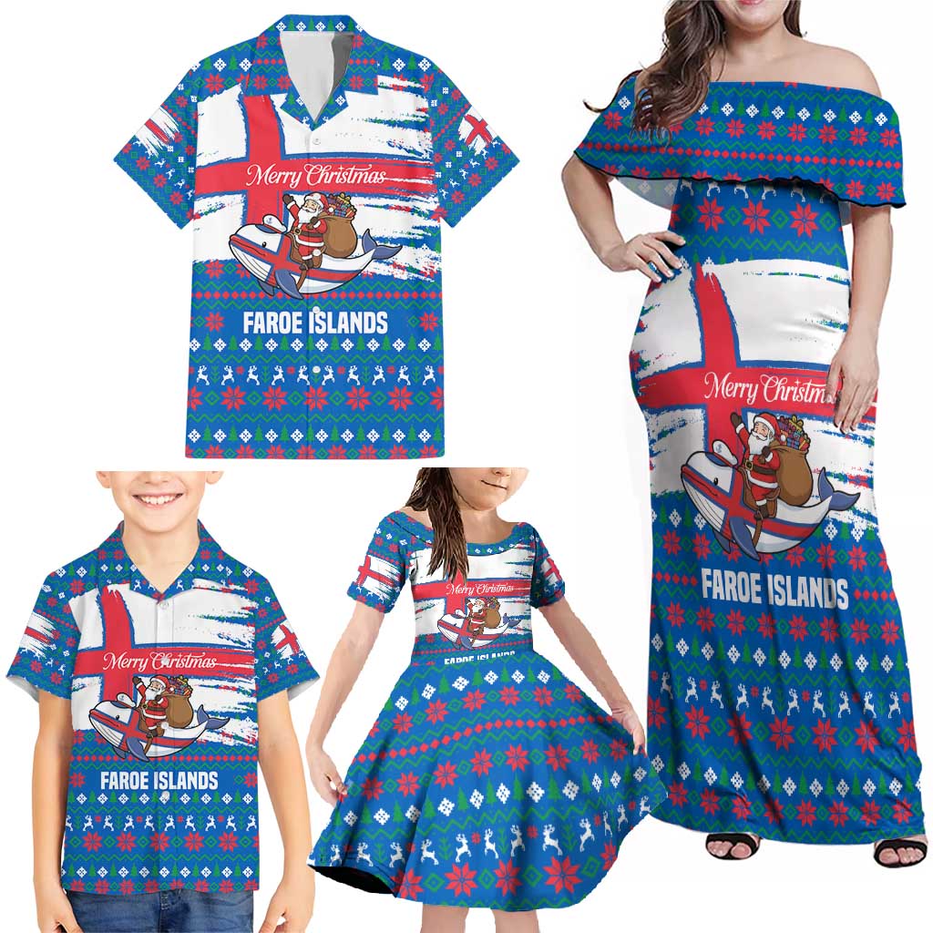Faroe Islands Christmas Family Matching Off Shoulder Maxi Dress and Hawaiian Shirt with Santa Riding Whale Faroe Flag and Blue Nordic Winter Pattern Design - Wonder Print Shop