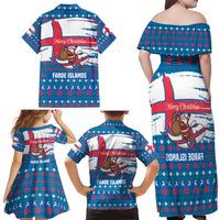 Faroe Islands Christmas Family Matching Off Shoulder Maxi Dress and Hawaiian Shirt with Santa Riding Whale Faroe Flag and Blue Nordic Winter Pattern Design - Wonder Print Shop