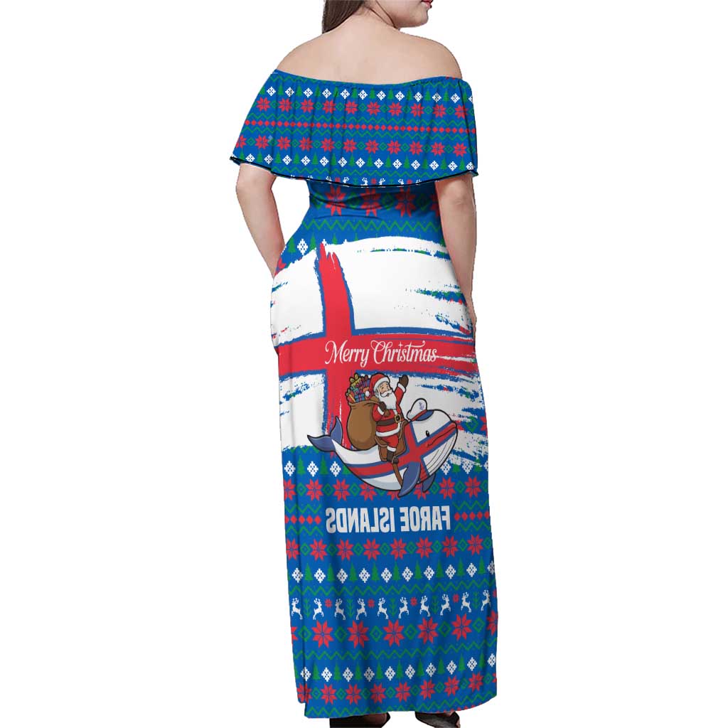 Faroe Islands Christmas Family Matching Off Shoulder Maxi Dress and Hawaiian Shirt with Santa Riding Whale Faroe Flag and Blue Nordic Winter Pattern Design - Wonder Print Shop