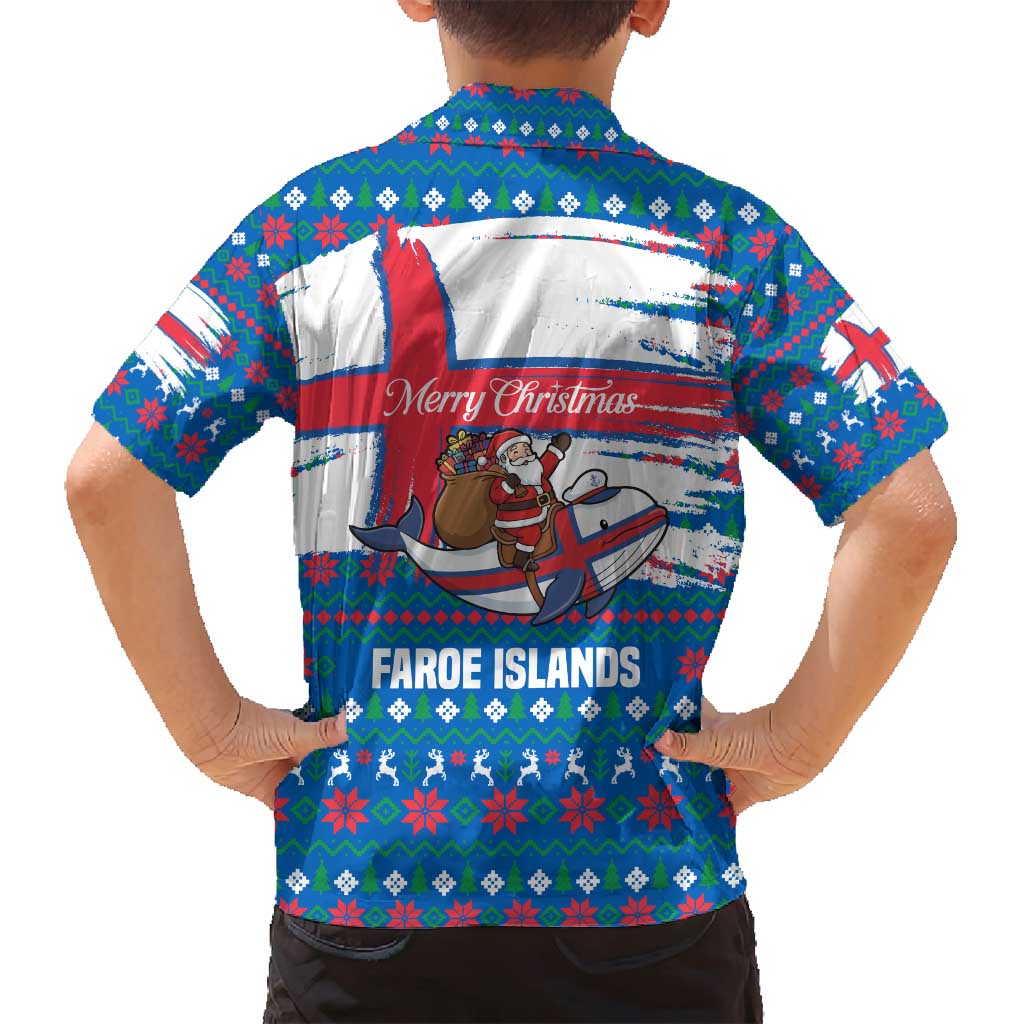 Faroe Islands Christmas Family Matching Off Shoulder Short Dress and Hawaiian Shirt with Santa Riding Whale Faroe Flag and Blue Nordic Winter Pattern Design - Wonder Print Shop