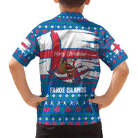 Faroe Islands Christmas Family Matching Off Shoulder Short Dress and Hawaiian Shirt with Santa Riding Whale Faroe Flag and Blue Nordic Winter Pattern Design - Wonder Print Shop