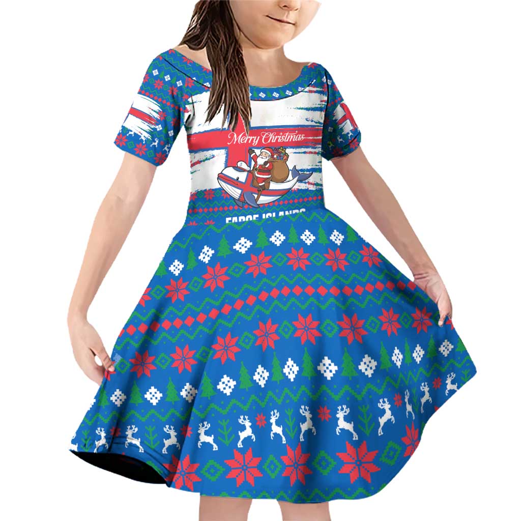 Faroe Islands Christmas Family Matching Off Shoulder Short Dress and Hawaiian Shirt with Santa Riding Whale Faroe Flag and Blue Nordic Winter Pattern Design - Wonder Print Shop
