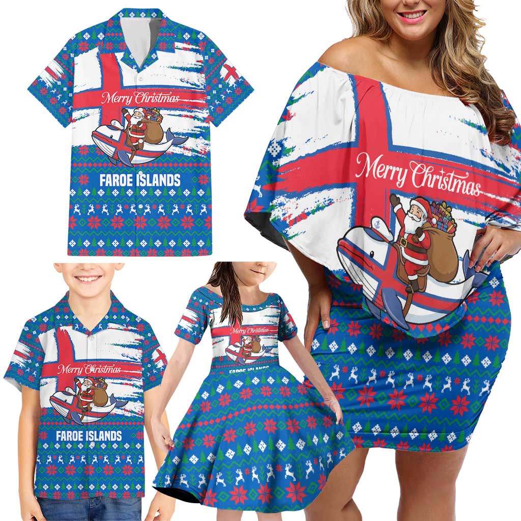 Faroe Islands Christmas Family Matching Off Shoulder Short Dress and Hawaiian Shirt with Santa Riding Whale Faroe Flag and Blue Nordic Winter Pattern Design - Wonder Print Shop