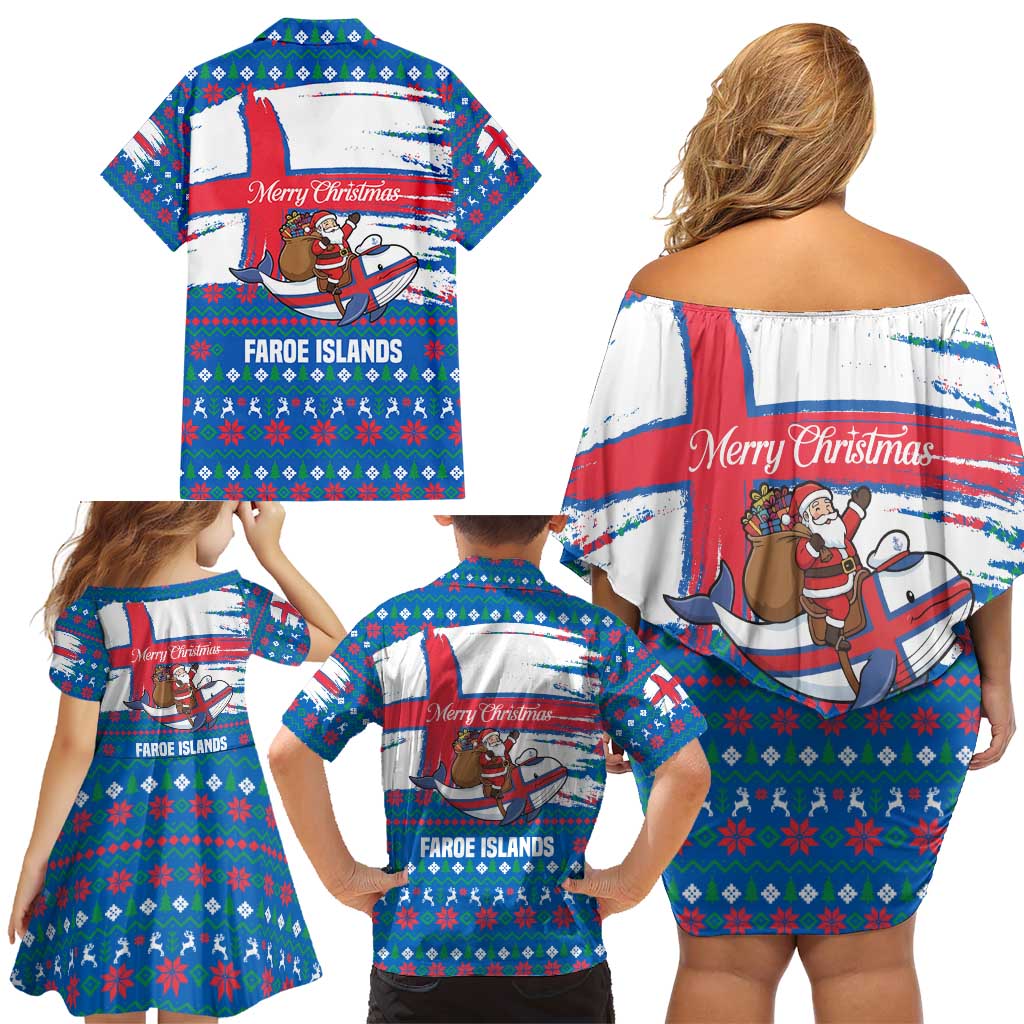 Faroe Islands Christmas Family Matching Off Shoulder Short Dress and Hawaiian Shirt with Santa Riding Whale Faroe Flag and Blue Nordic Winter Pattern Design - Wonder Print Shop