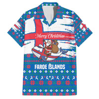Faroe Islands Christmas Family Matching Off Shoulder Short Dress and Hawaiian Shirt with Santa Riding Whale Faroe Flag and Blue Nordic Winter Pattern Design - Wonder Print Shop